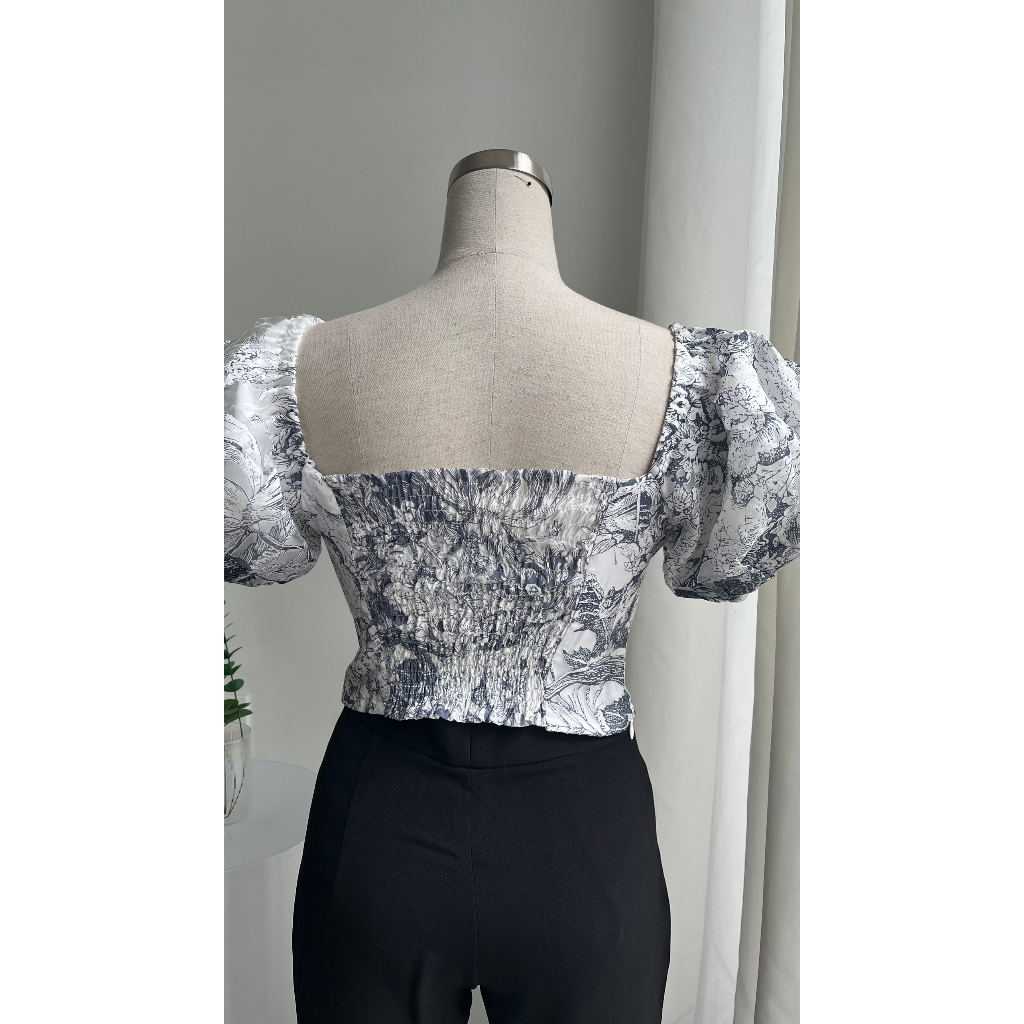 Áo croptop tơ hoa xanh - Blue Floral Top - Orli Label