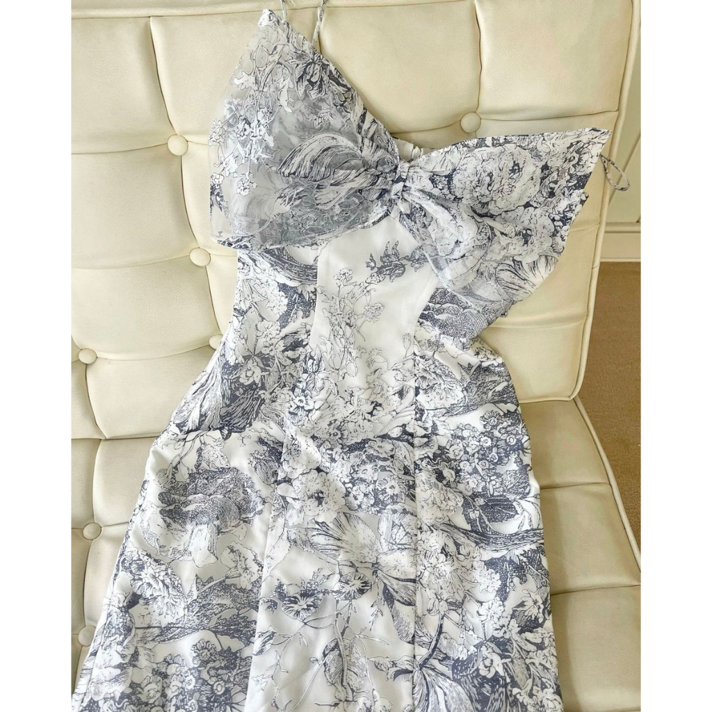 Đầm hai dây nơ tơ hoa xanh - Blue Floral Dress