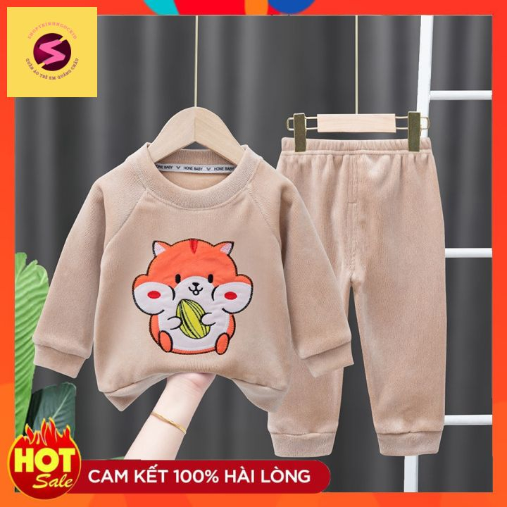 Bộ quần áo trẻ em mùa đông, bộ nhung thêu nổi hình chuột hàng quảng châu mêm ấm áp bé trai bé gái từ 7-30kg