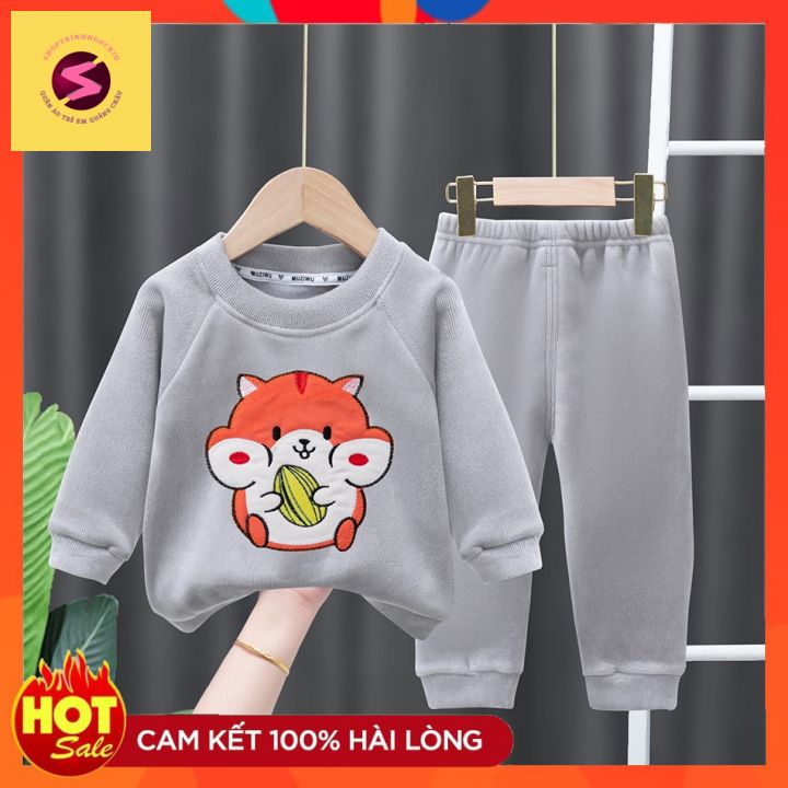 Bộ quần áo trẻ em mùa đông, bộ nhung thêu nổi hình chuột hàng quảng châu mêm ấm áp bé trai bé gái từ 7-30kg