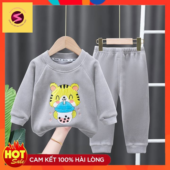 Bộ quần áo trẻ em thu đông, 100% nhung hàng quảng châu cao cấp thêu HỔ bé trai bé gái từ7-30kg