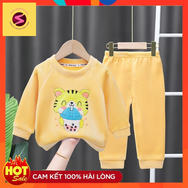 Bộ quần áo trẻ em thu đông, 100% nhung hàng quảng châu cao cấp thêu HỔ bé trai bé gái từ7-30kg