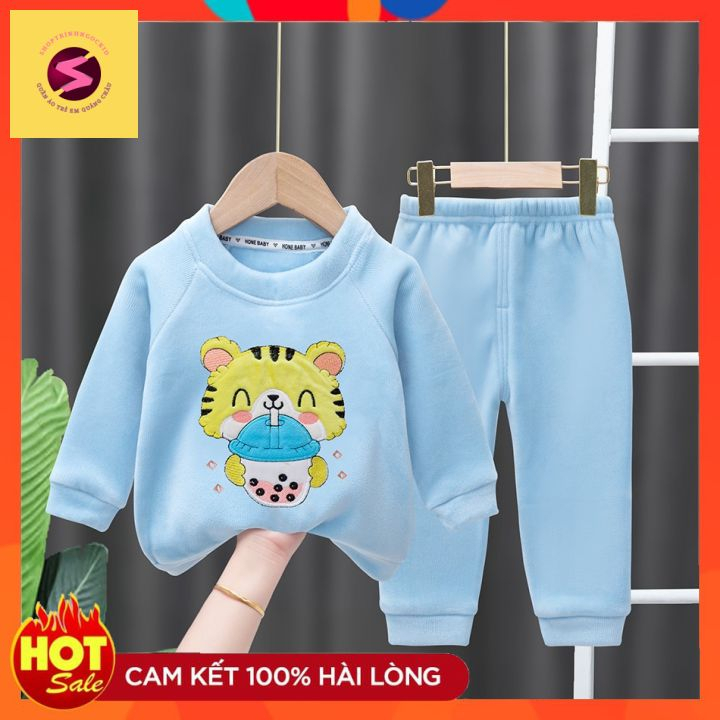 Bộ quần áo trẻ em thu đông, 100% nhung hàng quảng châu cao cấp thêu HỔ bé trai bé gái từ7-30kg