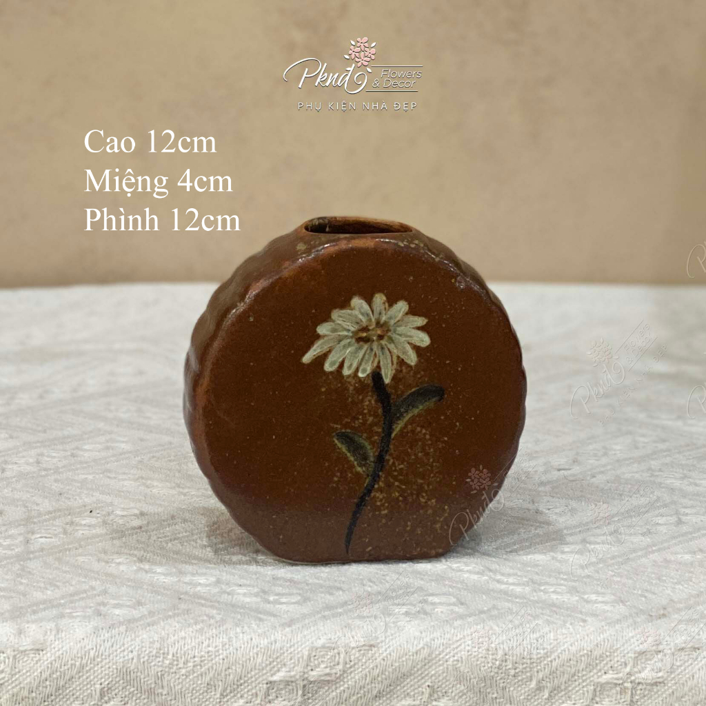 Bình cắm hoa mini để bàn dáng bánh trung thu màu nâu vẽ hoa bay Vintage | PKND FLOWERS & DECOR MG166