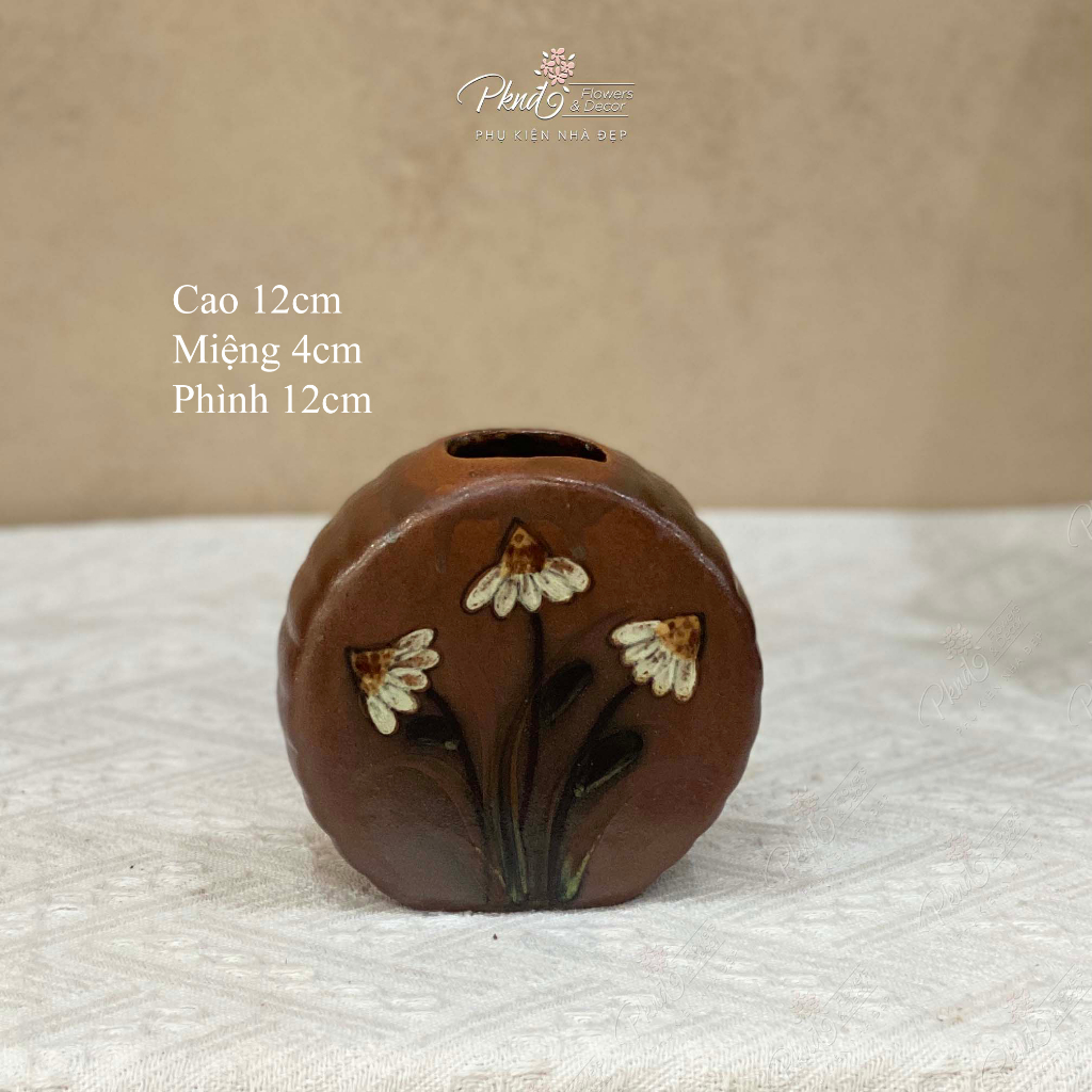 Bình cắm hoa mini để bàn dáng bánh trung thu màu nâu vẽ hoa bay Vintage | PKND FLOWERS & DECOR MG166