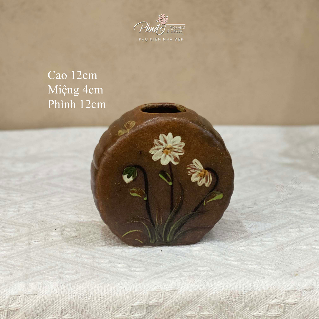 Bình cắm hoa mini để bàn dáng bánh trung thu màu nâu vẽ hoa bay Vintage | PKND FLOWERS & DECOR MG166