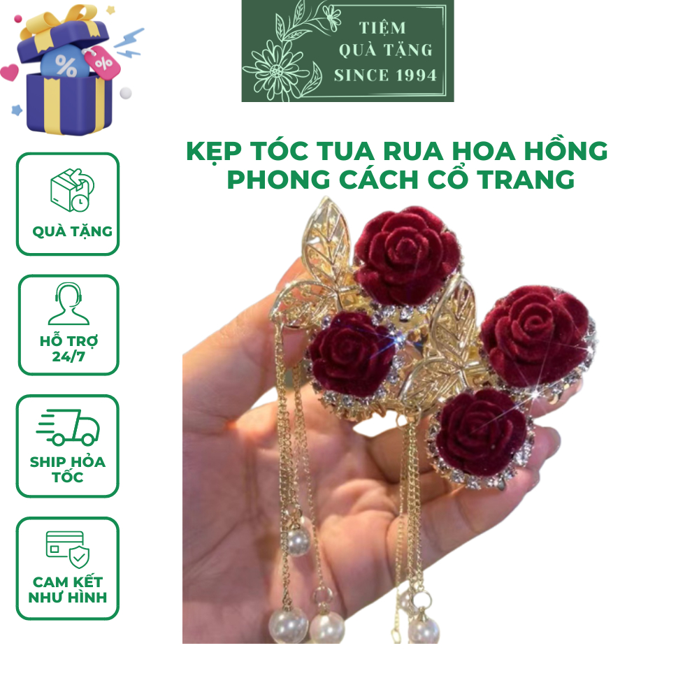 Kẹp Tóc Tua Rua Đính Đá Hình Hoa Hồng Phong Cách Trung Hoa Đi Chơi Đi Làm Đi Sự Kiện Tiệm Qùa Tặng