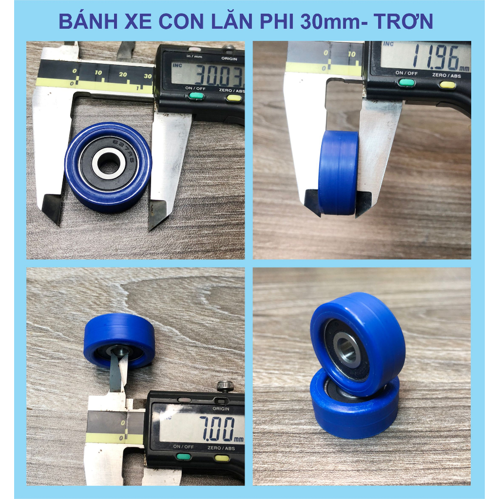 Bánh xe con lăn phi 30mm rãnh U- Không rãnh vòng bi 627 trục 7mm, D3012d7