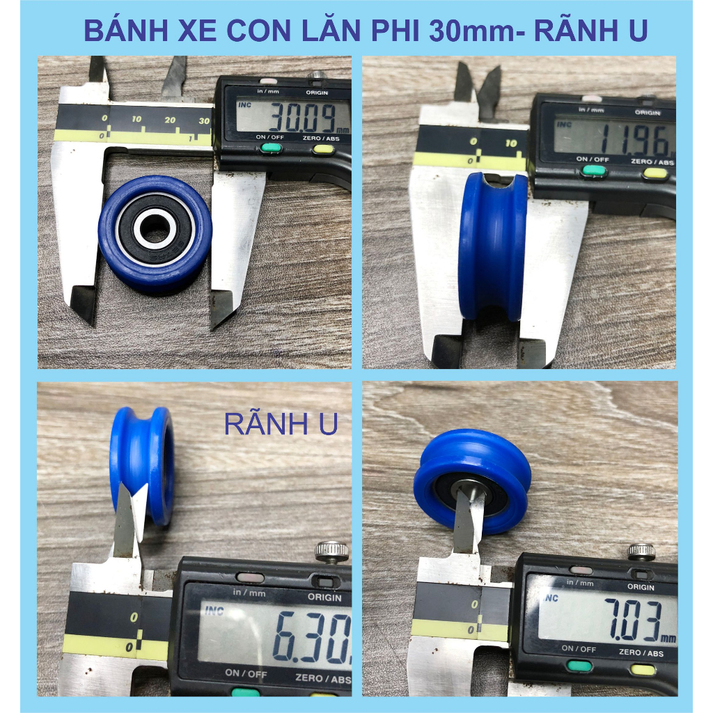 Bánh xe con lăn phi 30mm rãnh U- Không rãnh vòng bi 627 trục 7mm, D3012d7