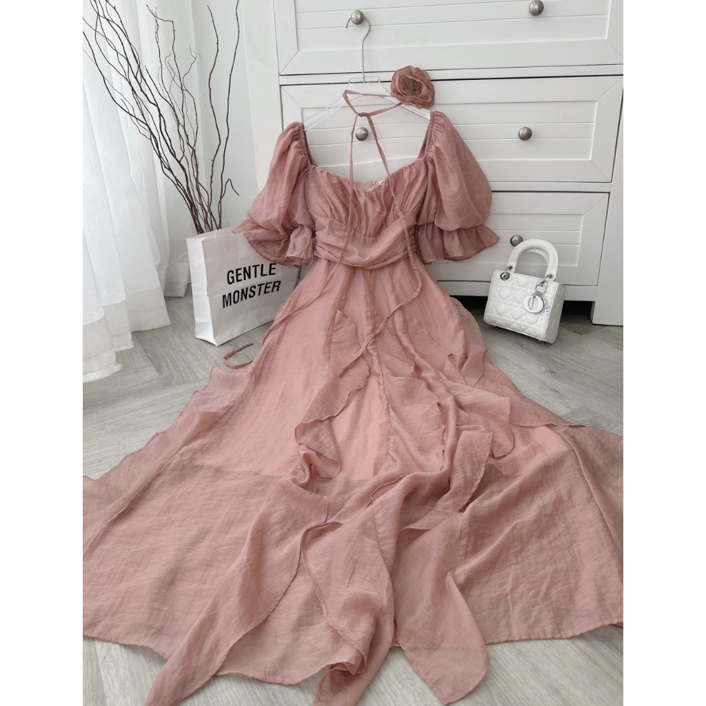 ĐẦM MIDI CÚP NGỰC MẶC ĐƯỢC 2 KIỂU VAI TAY PHỒNG BÈO TUA RUA (KÈM CHOKER HOA0