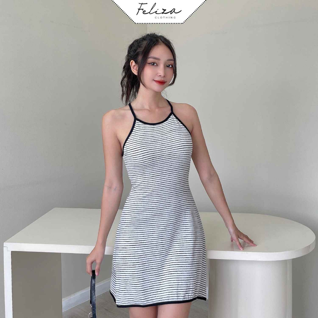 Đầm cổ yếm vạt nhọn chữ A xòe nhẹ chất thun len mềm co giãn tốt-Feliza clothing