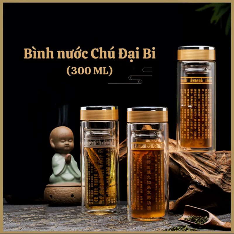 Bình nước  Chú Đại Bi, Chú Dược Sư(300ML) bình nước du lịch thủy tinh 2 lớp cao cấp kháng khuẩn Nguyễn Gia Cao Đạt Q5