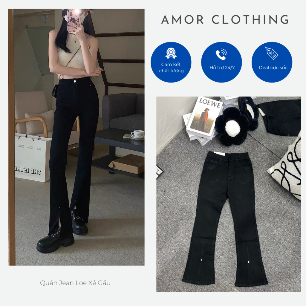Quần Jean Ống Loe Đen Lưng Cao Co Giãn - Quần Bò Ống Loe Đen Xẻ Gấu, Phong Cách Ulzzang Chất Jean Cao Cấp