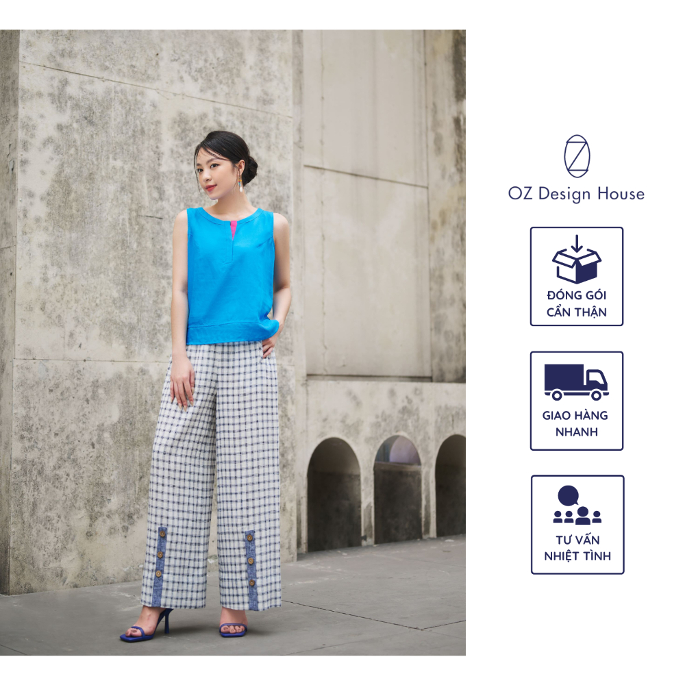 Quần OZ Design House QU01112RST23 linen xẻ gấu phối nẹp màu trắng kẻ ô vuông đen