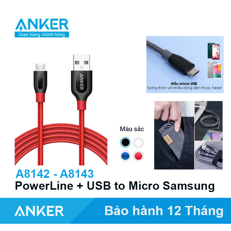 Cáp dù ANKER Micro USB PowerLine + cho Samsung Androi - A8142 Dài 0.9 Mét A8143 Dài 1.8 Mét Quick Charge 15W 18W