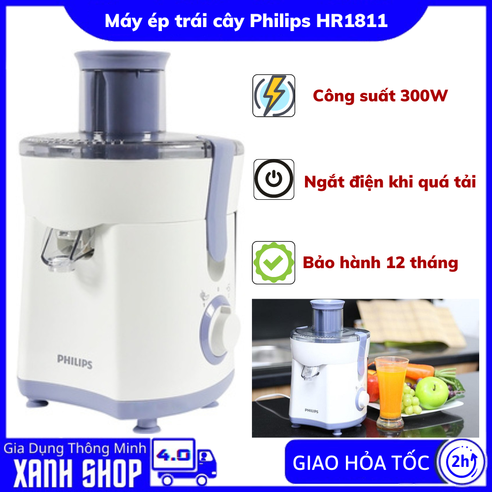 Máy ép trái cây Philips HR1811/71, Công suất lớn ép hoa quả nhanh chóng, Trang bị đế chống trượt, Bảo hành 12 tháng