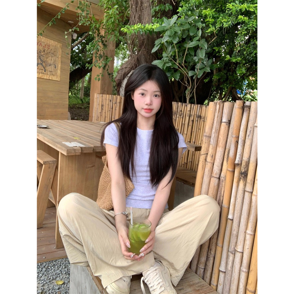 Quần Đũi Ống Rộng Cạp Cao  + Áo Thun Cotton Lửng Cô Tròn  Phong Cách Mùa Hè