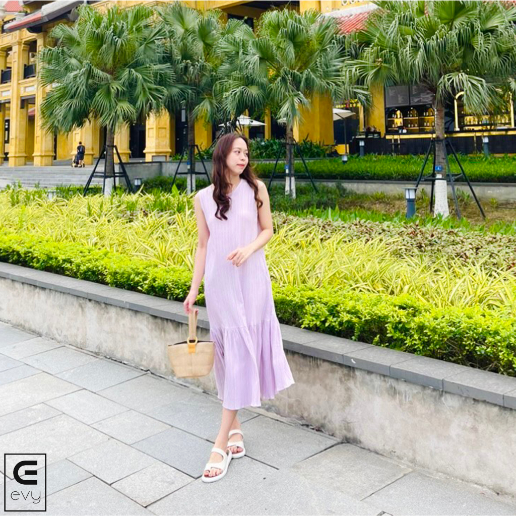 Váy suông sát nách sang chảnh, váy đũi gân dáng dài đuôi cá nữ tính V01