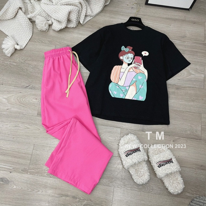 Sét bé gái gồm áo thun croptop hình Cô gái và quần ống suông sành điệu cho bé đồ bộ cho bé gái