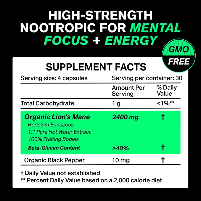 VitaRaw Lion's Mane 2400mg - Viên uống nấm hầu thủ giúp hỗ trợ chức năng não, trí nhớ, sự tập trung giảm stress 120 viên