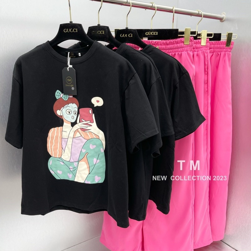 Sét bé gái gồm áo thun croptop hình Cô gái và quần ống suông sành điệu cho bé đồ bộ cho bé gái