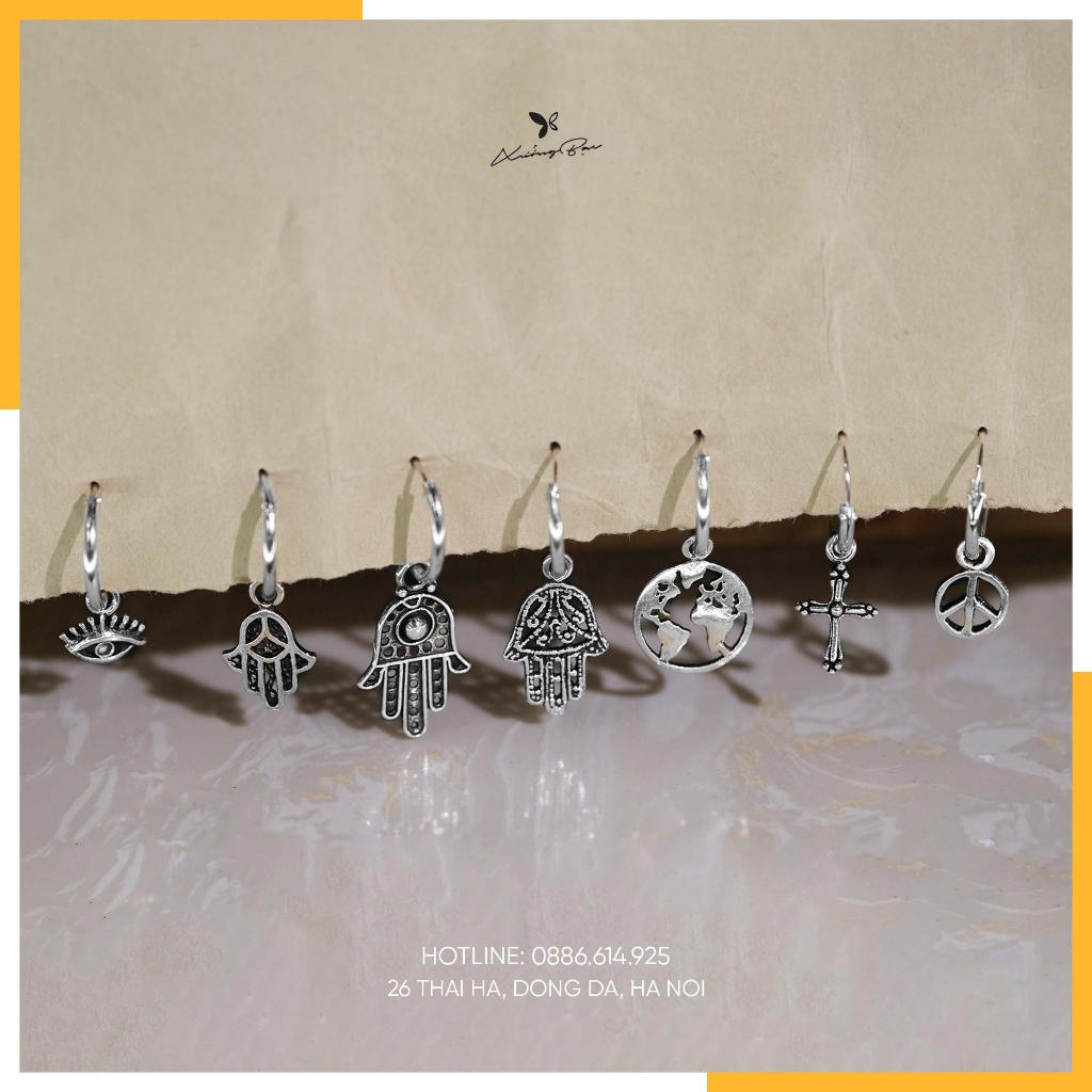 Khuyên bạc Xưởng Bạc thiết kế đeo tai. Khuyên bạc 925 thiết kế vòng mix charm rơi, họa tiết thái nhiều kiểu KV.95
