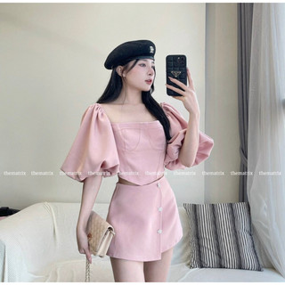 Set thiết kế áo tay bồng tiểu thư có mút ngực Mix Chân Váy Midi tặng kèm tag chân váy Ảnh Thật sẵn hàng kèm video