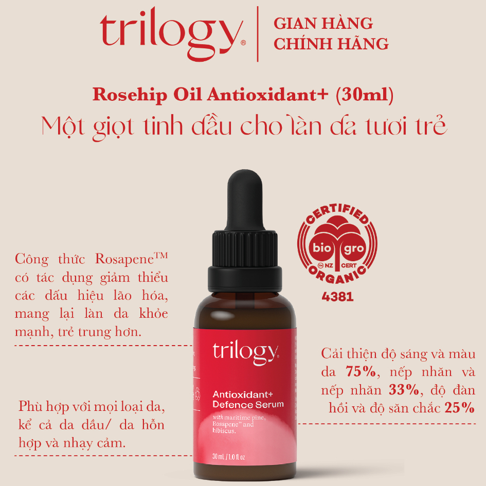 Tinh Dầu Tầm Xuân làm giảm các dấu hiệu lão hóa Trilogy Rosehip Oil Antioxidant+ 5ml [Minisize]