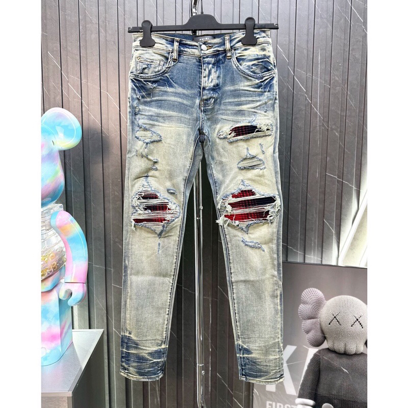 ⚡Hàng cao cấp⚡️ Quần Jeans Amiri Xanh Rách Vá Đỏ - Dáng Skinny Form Size Chuẩn Mặc Lên Cực Đẹp - Hàng Có Sẵn