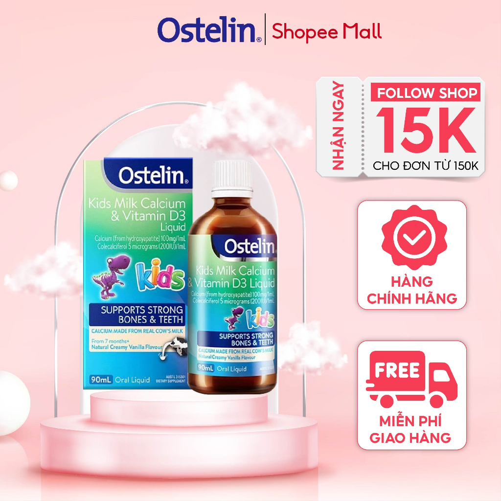 Ostelin bổ sung canxi và vitamin D3 Kids Milk Calcium & Vitamin D3 Liquid 90ml của Úc