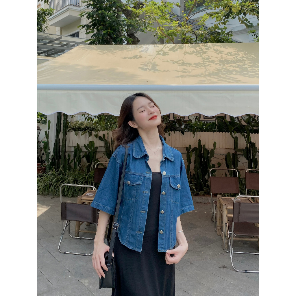 Áo jean croptop tay ngắn phối cúc nổi bạt MaiA Aojeancrt