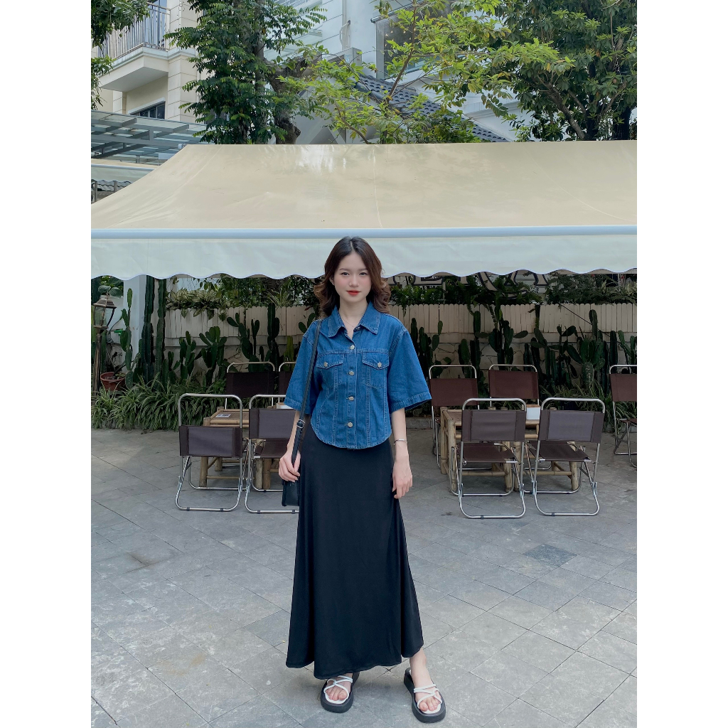 Áo jean croptop tay ngắn phối cúc nổi bạt MaiA Aojeancrt