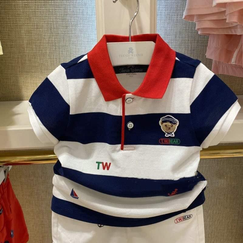Áo Polo Teenie Weenie kẻ xanh ngắn tay thêu Gấu cho bé từ 2-5 tuổi