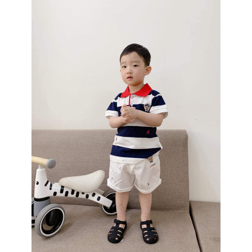 Áo Polo Teenie Weenie kẻ xanh ngắn tay thêu Gấu cho bé từ 2-5 tuổi