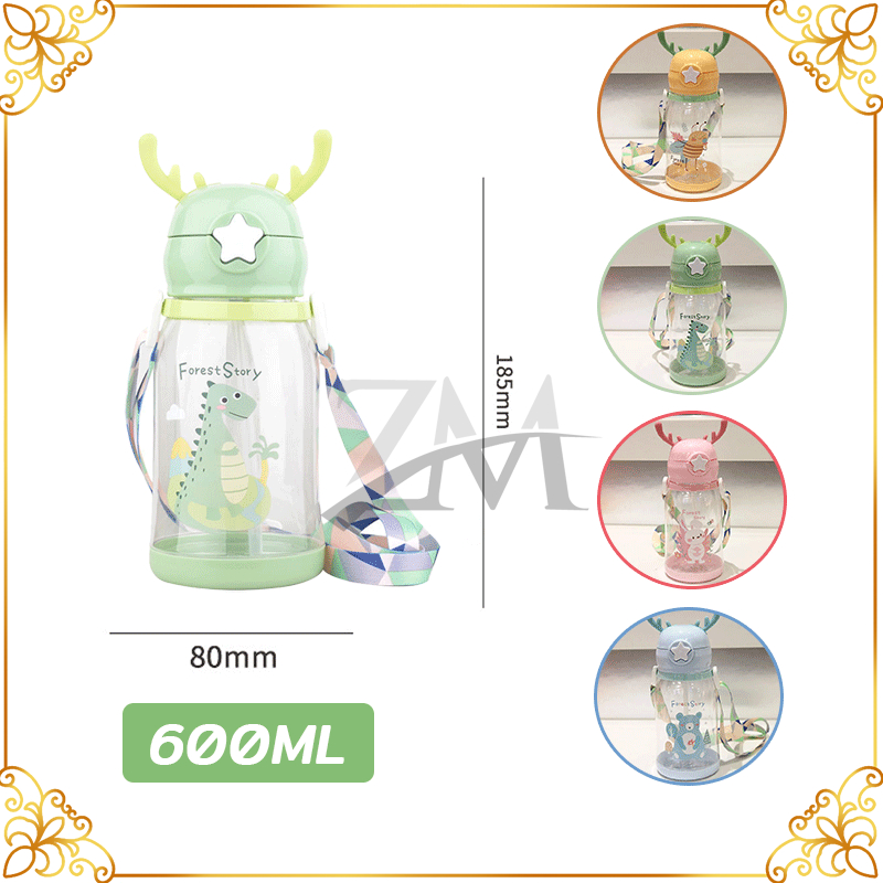 Bình nước học sinh,Bình nước ống hút trẻ em 600ml thiết kế gạc hươu dễ thương,có ống hút, BPA, thân thiện với môi trường