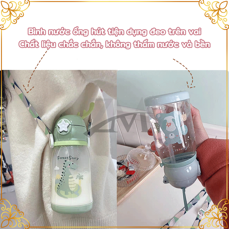 Bình nước học sinh,Bình nước ống hút trẻ em 600ml thiết kế gạc hươu dễ thương,có ống hút, BPA, thân thiện với môi trường