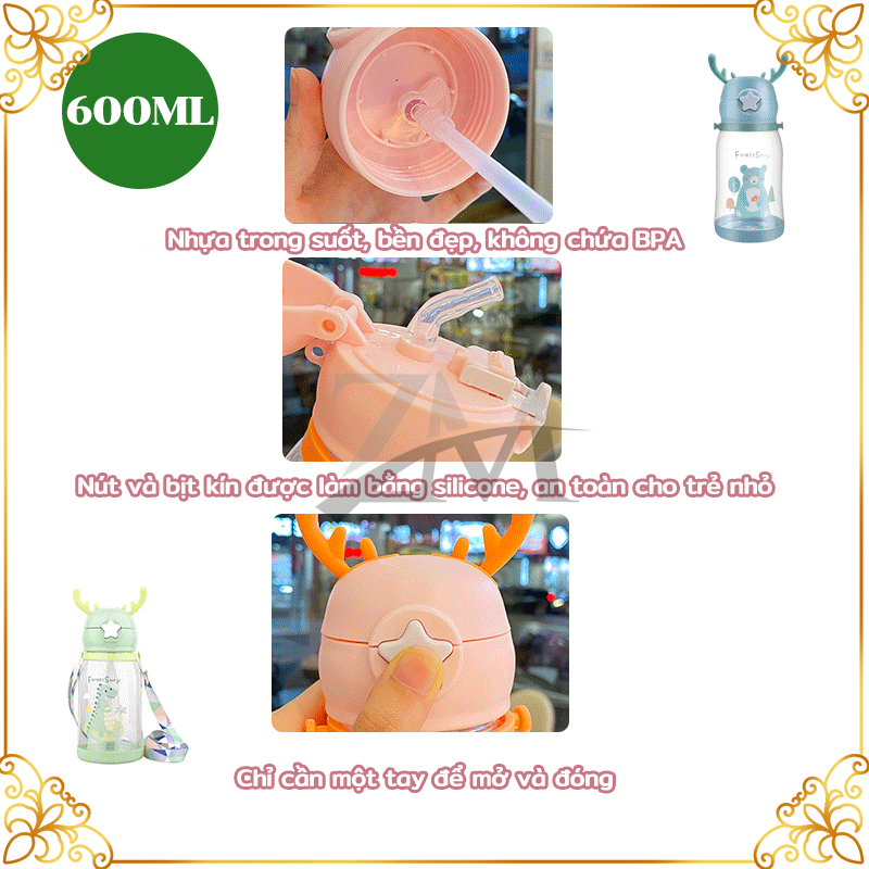 Bình nước học sinh,Bình nước ống hút trẻ em 600ml thiết kế gạc hươu dễ thương,có ống hút, BPA, thân thiện với môi trường
