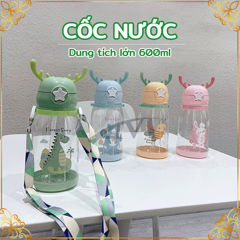 Bình nước học sinh,Bình nước ống hút trẻ em 600ml thiết kế gạc hươu dễ thương,có ống hút, BPA, thân thiện với môi trường