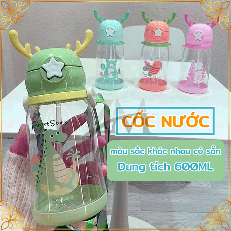 Bình nước học sinh,Bình nước ống hút trẻ em 600ml thiết kế gạc hươu dễ thương,có ống hút, BPA, thân thiện với môi trường