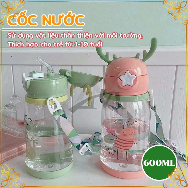Bình nước học sinh,Bình nước ống hút trẻ em 600ml thiết kế gạc hươu dễ thương,có ống hút, BPA, thân thiện với môi trường