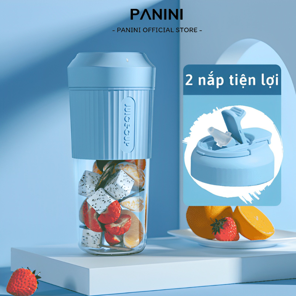 Máy xay sinh tố mini PANINI 2 nắp tiện lợi, máy xay cầm tay 450ml pin 3000 mah 6 lưỡi dao