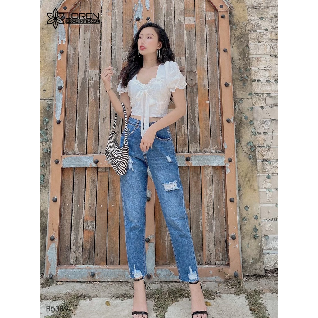 Quần jean baggy LOREN kiểu nút tua xanh B5169