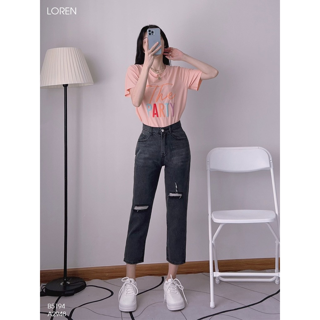 Quần jean baggy LOREN kiểu nút tua xanh B5169