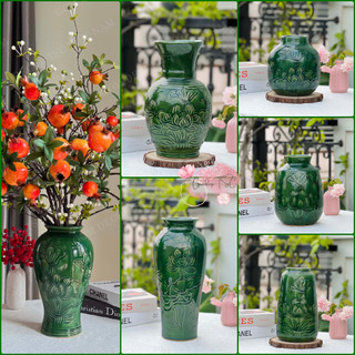 Bình hoa gốm sứ Bát Tràng men xanh ngọc khắc hoa sen, lọ cắm hoa trang trí decor phong cách cổ điển