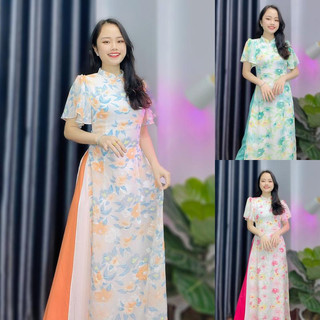 Áo dài cách tân hoa nhí, 4 tà, tay cách điệu, dáng truyền thống Đại Đồng sẵn chất lụa tơ