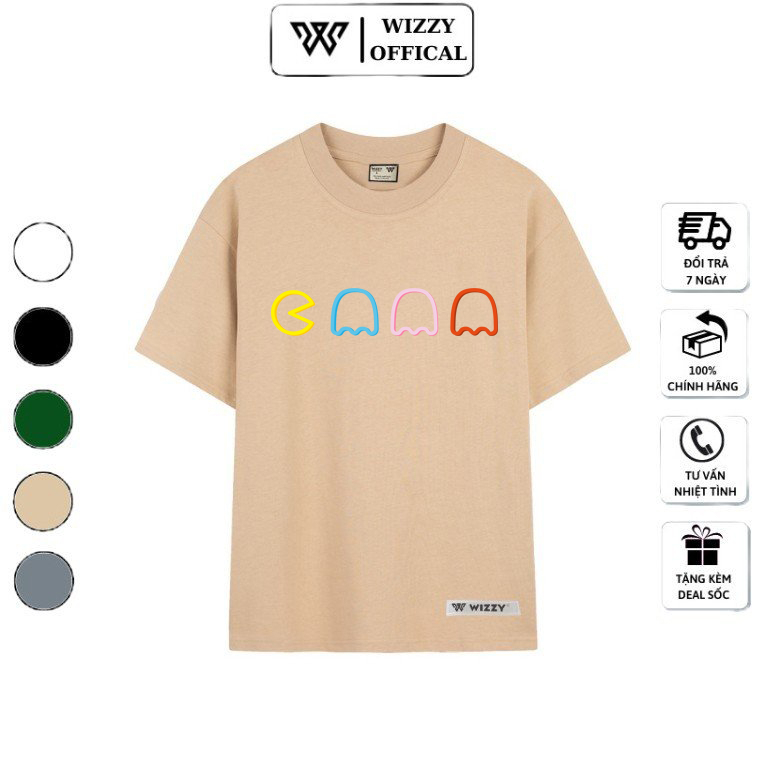 Áo thun tay lỡ cotton cao cấp WIZZY phông phong cách basic kiểu dáng form rộng unisex in hình emoticon Pacman mã 13