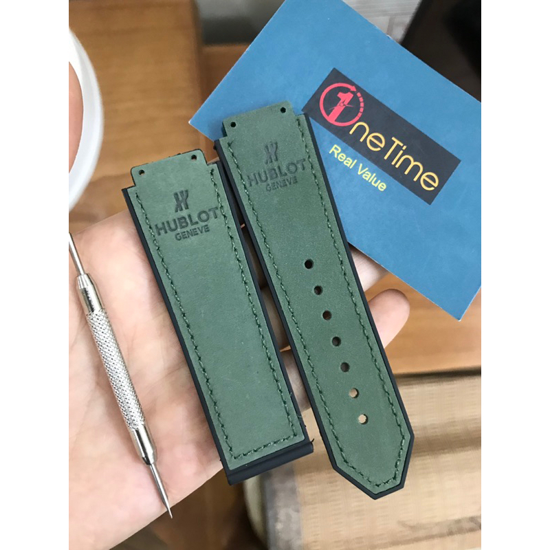 Dây đồng hồ Hublot Nam case 38,case 42,lót da lộn xanh rêu,loại đẹp,tặng tool thay dây