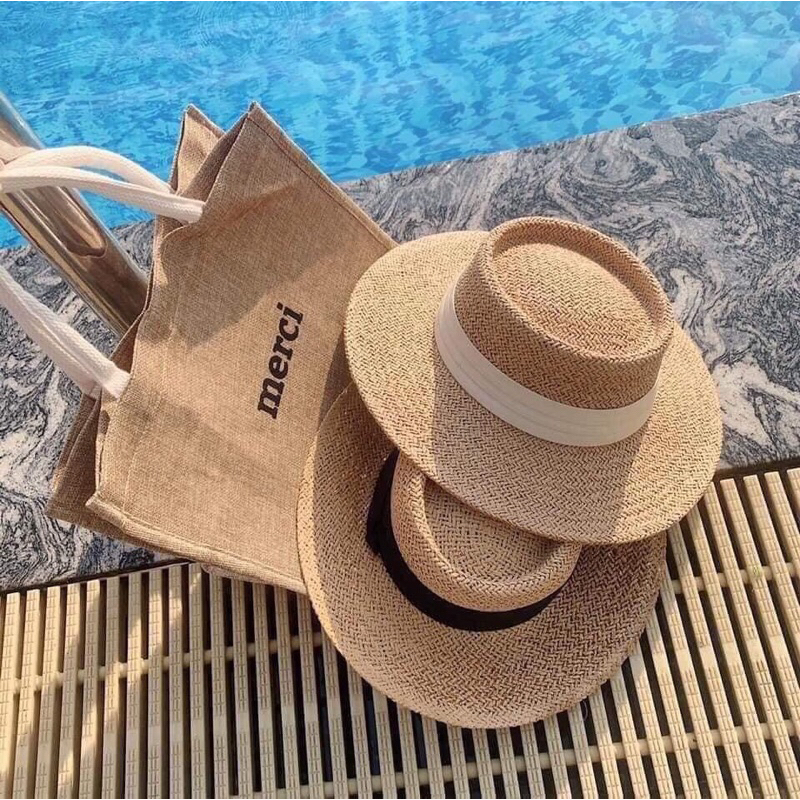 Set nón cói túi cói đi chơi biển mùa hè đẹp sang phong cách Hàn Quốc