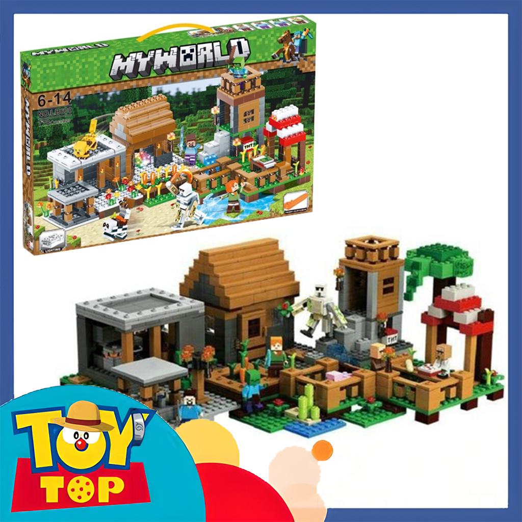 Đồ chơi lắp ráp minecraft ngôi làng chiến đấu cùng Iron Golem tại sào huyệt thế giới vuông my world xếp hình LB600