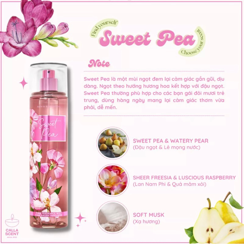 Xịt Body Bath & Body Works SWEET PEA Fine Fragrance Mist 236ml (Auth 100% - Bill Mỹ)